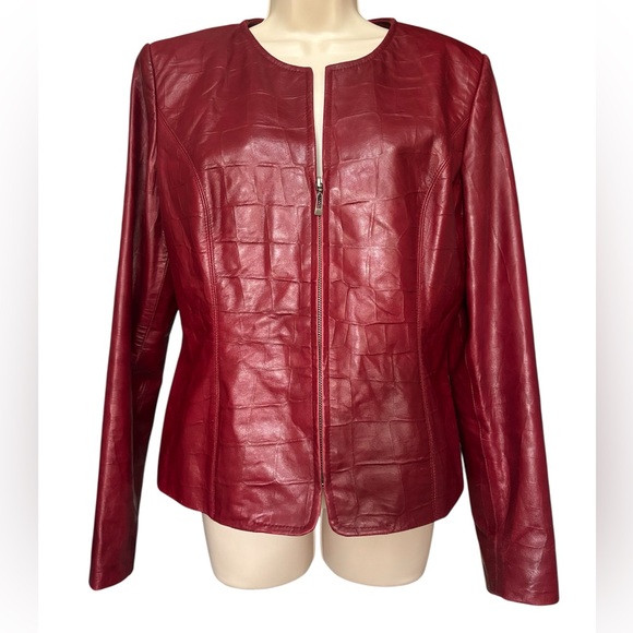 \id. Sport Jackets & Blazers - Vtg Red Leather Croc Embossed Women’s Jacket Sz 12 \id. Sport Worn In Look